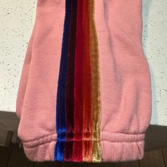 AVIATOR NATION PRE LOVED 5 STRIPE SWEATPANTS - LIGHT PINK // VELVET RAINBOW